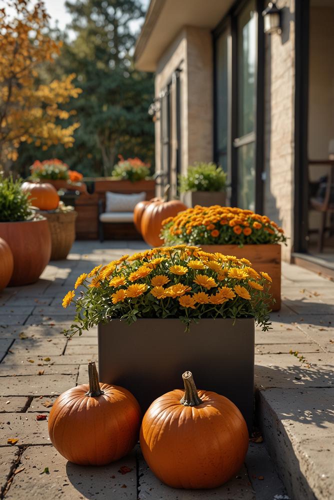 Terrasse mit Kürbis-Pflanzgefäßen und herbstlichen Blumen