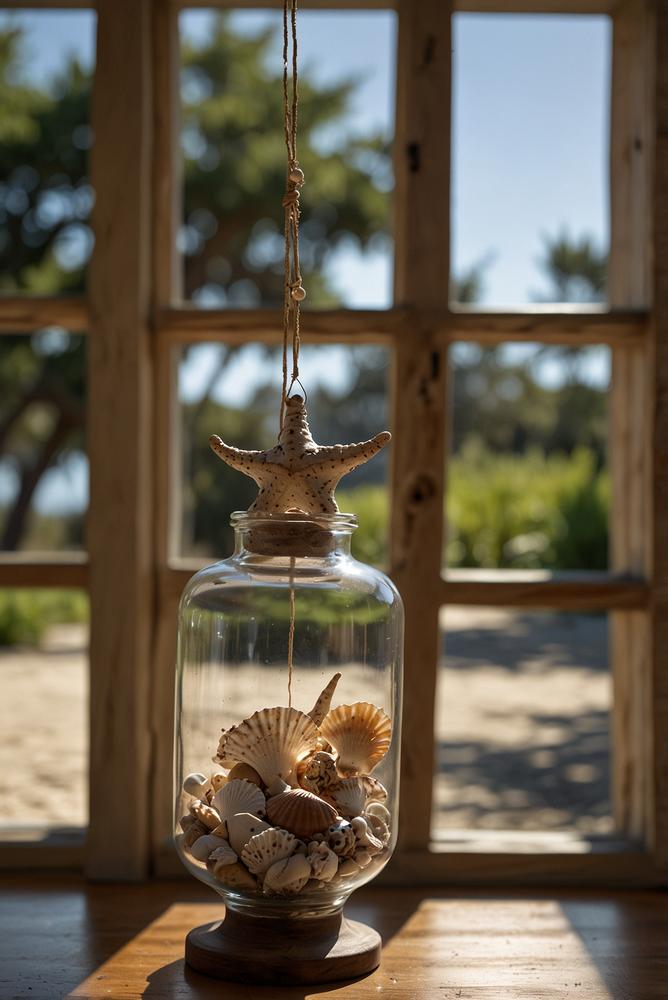 Muschel- und Treibholz-Mobile im hellen Sommerfenster
