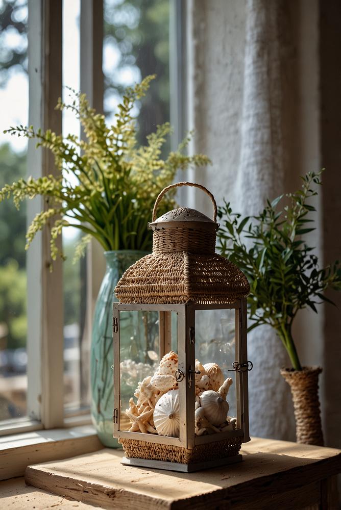 Maritime Sommerfenster Deko mit Mini-Strandvitrine und Laterne