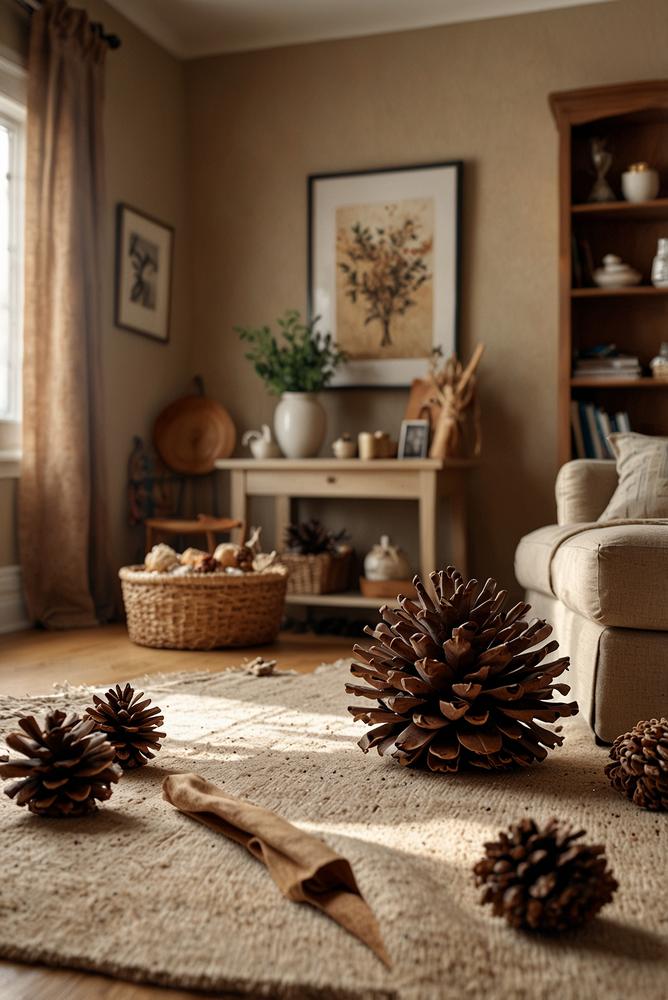 Kinder basteln Adventsdeko mit Zapfen und Nüssen