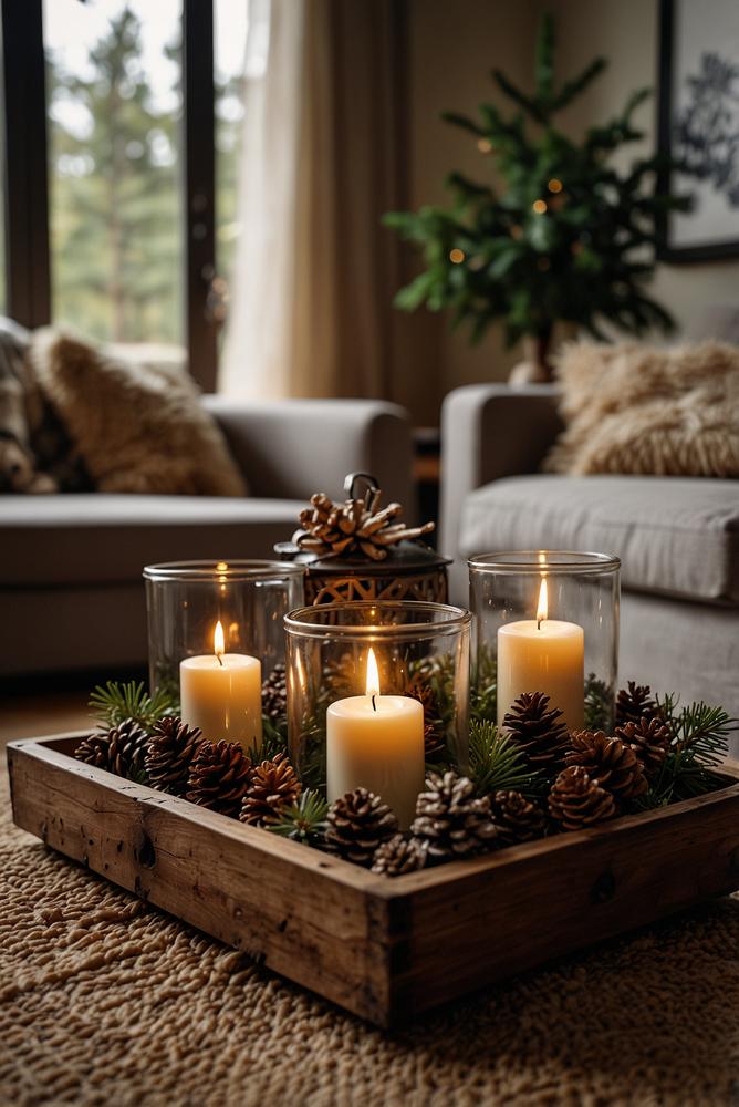 Helle Adventsdeko mit Windlichtern auf Couchtisch