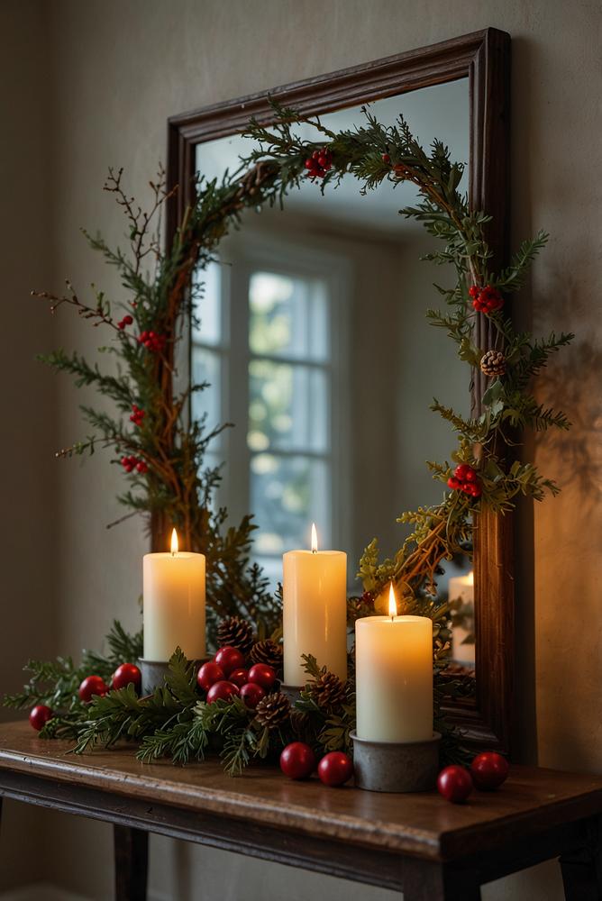 Adventsdeko am Spiegel im hellen Eingangsbereich