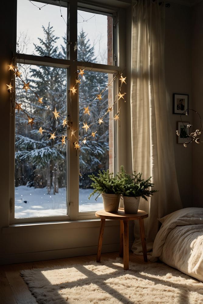 Helle Adventsdeko mit Lichterketten am Fenster in kleinem Raum