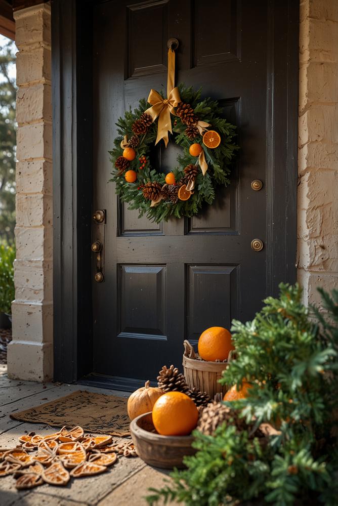 Adventsdeko mit getrockneten Orangen und Gewürzen an der Haustür