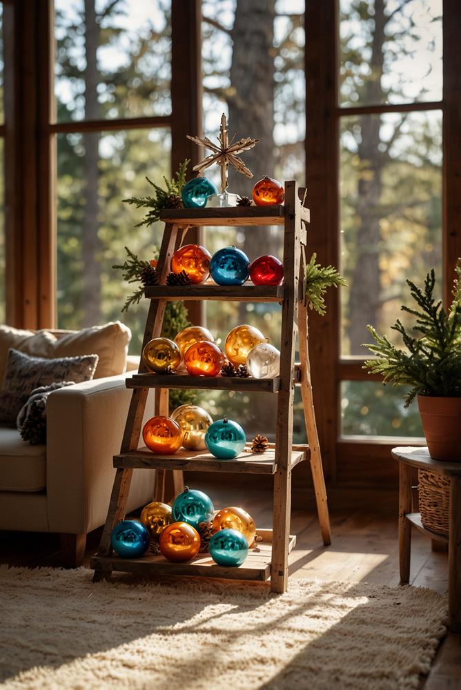 Helle moderne Adventsdeko mit Glaskugeln an Holzleiter