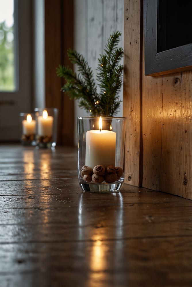 Adventsdeko aus Glas und Holz im modernen Eingangsbereich