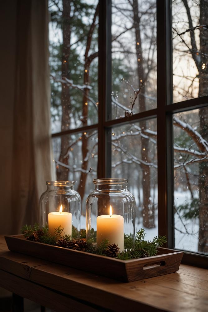 Fensterbank mit Glaslaternen und Holztablett in heller Adventsdeko