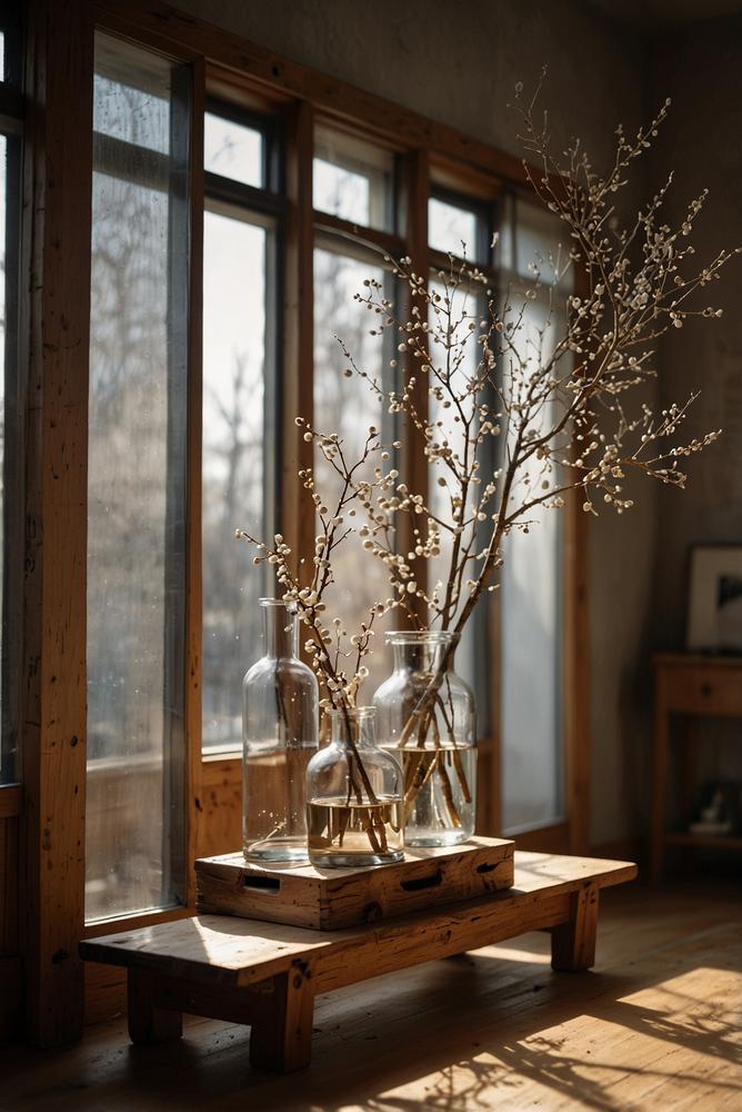 Helle Adventsdeko aus Glasvasen und Holz auf Regal