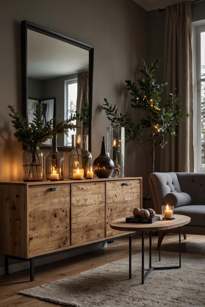 Adventsdeko aus Glas und Holz auf einem Sideboard mit Kerzenlicht
