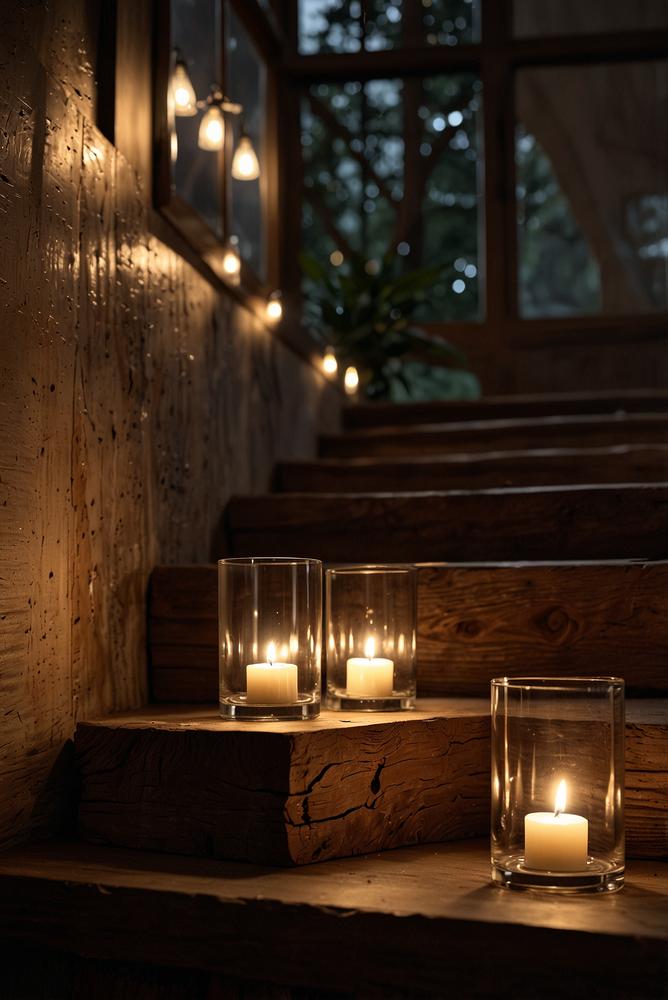 Adventsdeko mit Laternen und Holzscheiten auf Treppenstufen