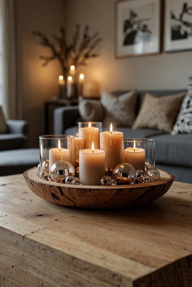 Adventsdeko Glas und Holz Wohnzimmer mit Lichterkette