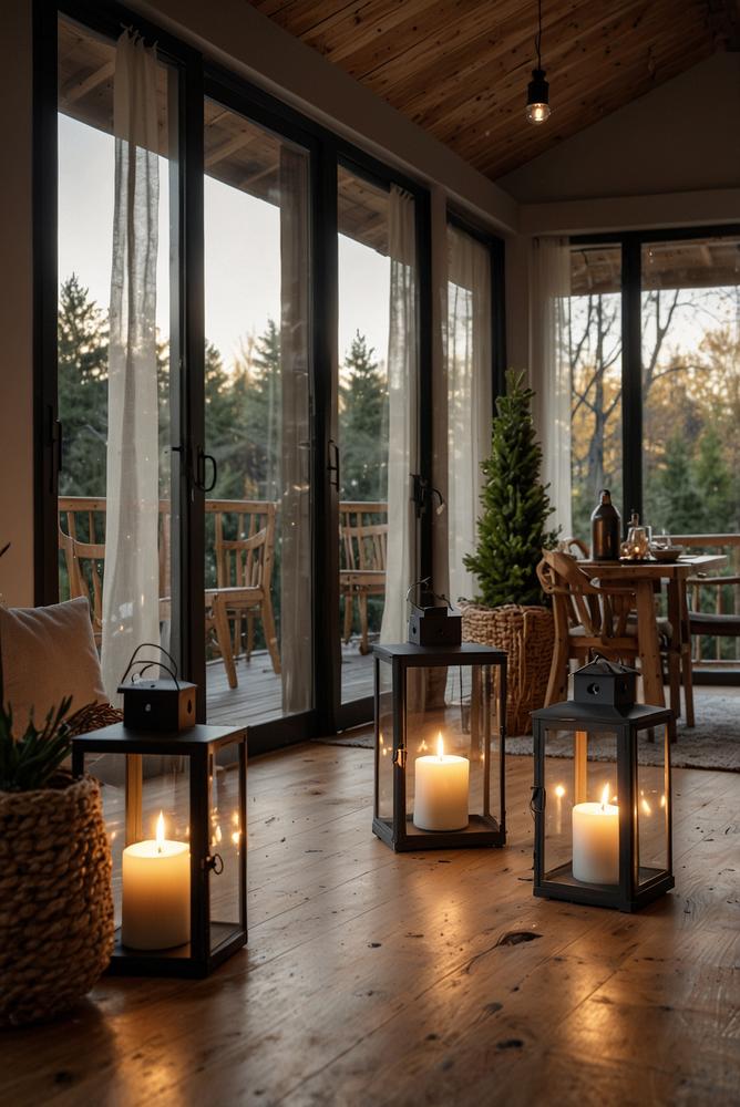 Wetterfeste Glaslaternen mit Holzrahmen auf Terrasse bei Advent