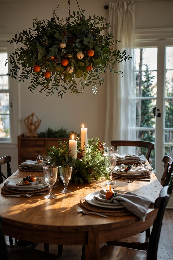 Helle hängende Adventsdeko aus Eukalyptus und Tannenzweigen