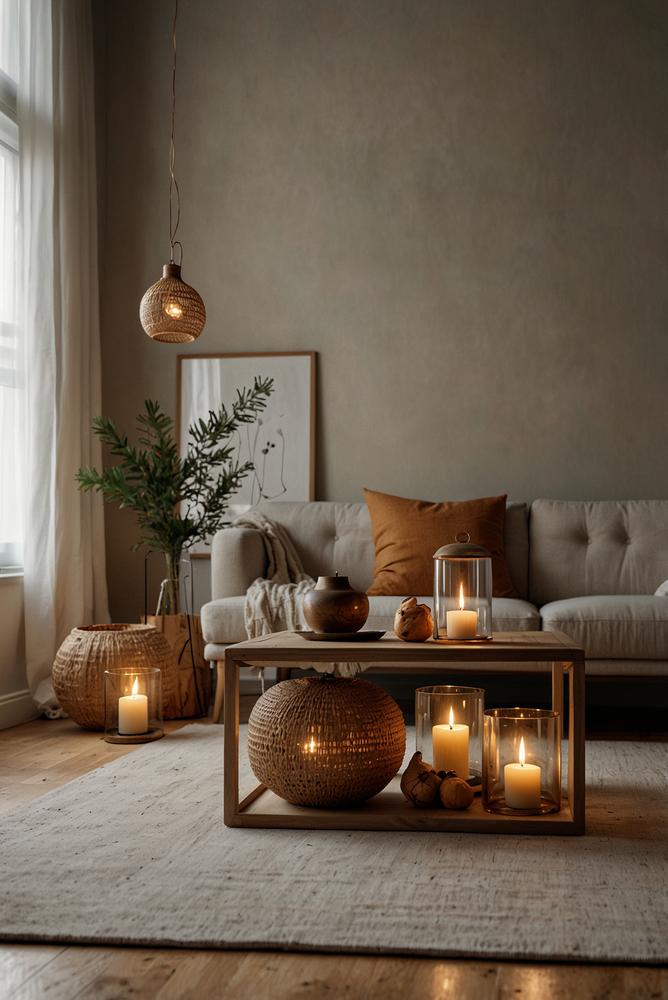 Helle, einladende Adventsdeko mit Glas- und Holz-Windlichtern über Sofa