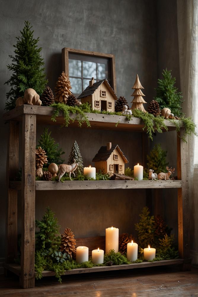 Adventsdeko mit Holzfiguren und Moos im Regal hell und gemütlich
