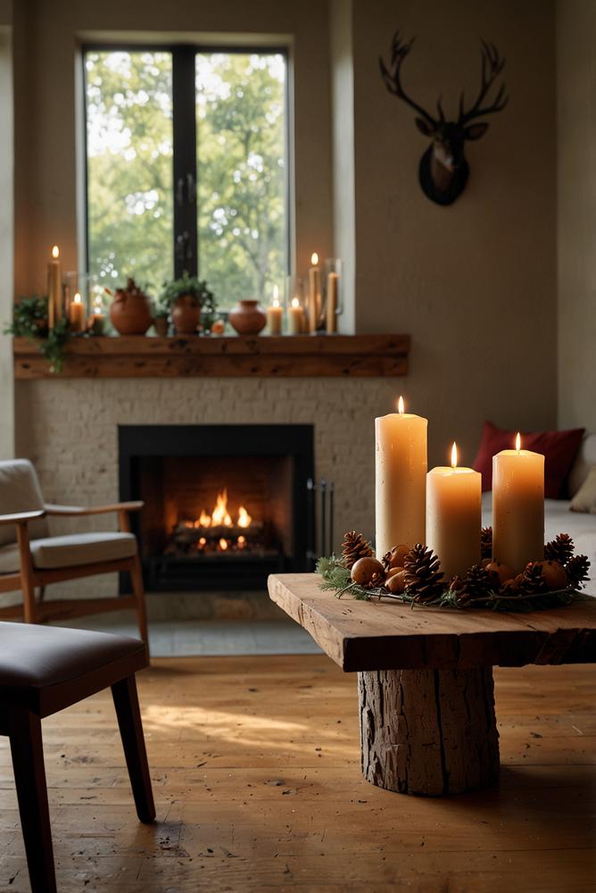 Adventsdeko mit Stumpenkerzen am Kaminmantel hell und einladend