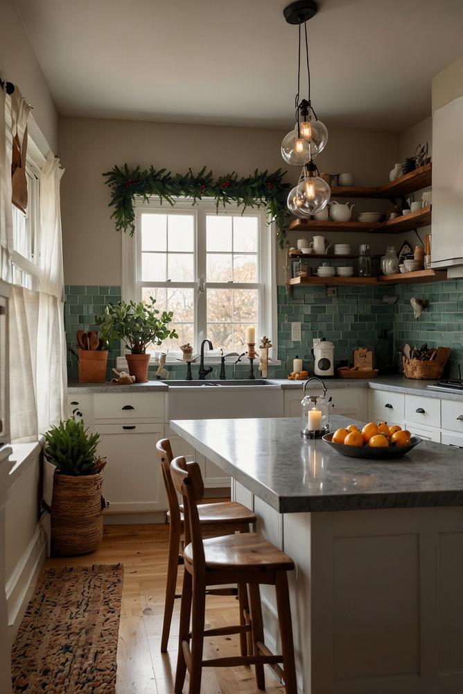 Helle Adventsdeko auf kleiner Küchenzeile mit Kerzen und Figuren