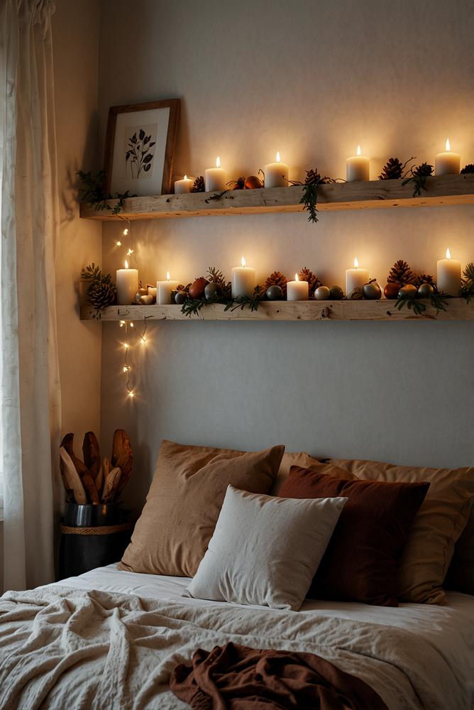 Adventsdeko auf schmalen Wandregalen im kleinen Raum