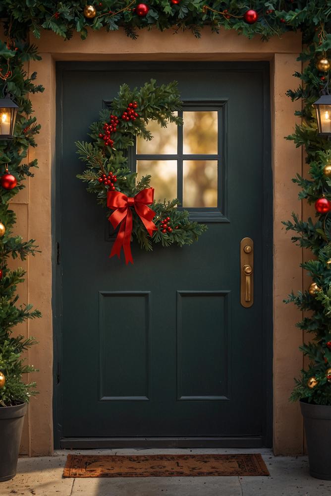 Helle Adventsdeko an der Wohnungstuer in kleinem Raum