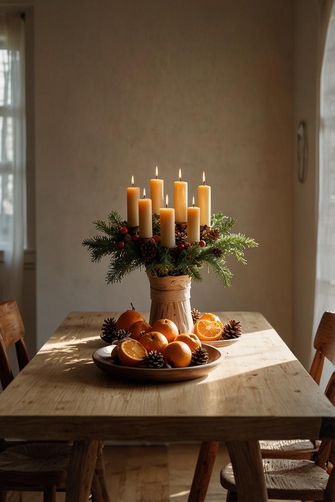 Lichtdurchflutete Adventsdeko am kleinen Esstisch