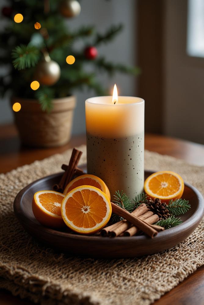 Helle und gemütliche Adventsdeko auf kleinem Couchtisch