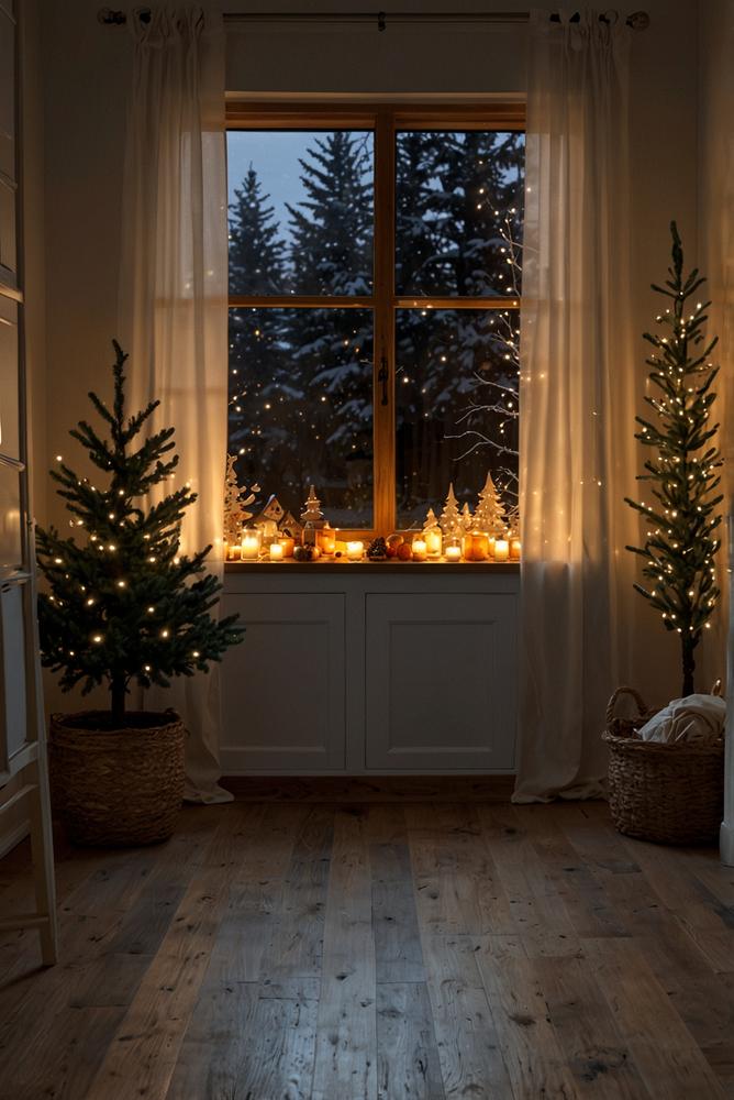Adventsdeko am Fenster mit warmen Lichterketten