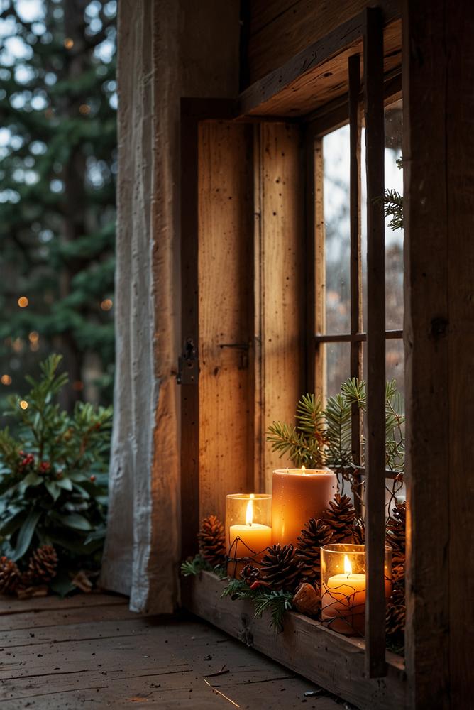 Helle Adventsdeko mit Laternen und Tannenzweigen auf Balkon