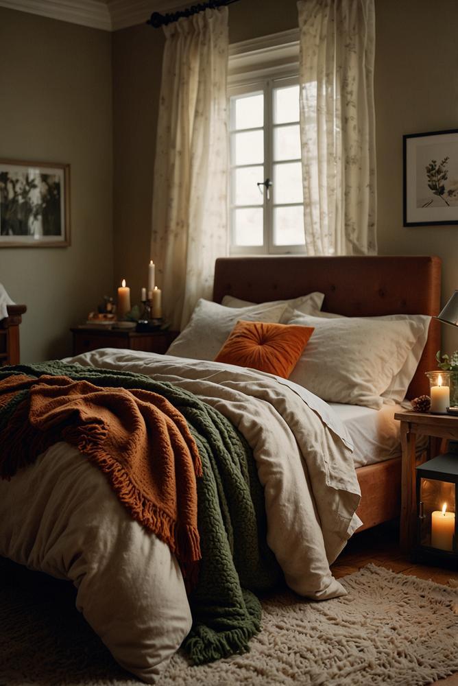 Gemütliches Schlafzimmer mit warmer Adventsdeko aus Textilien