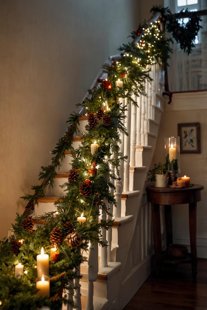 Adventsdeko mit Tannengruen-Girlande an der Treppe