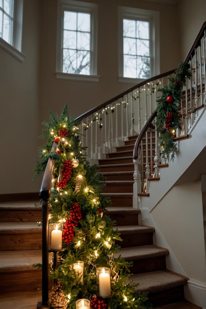 Helle Adventsdeko mit Tannengirlanden an der Treppe