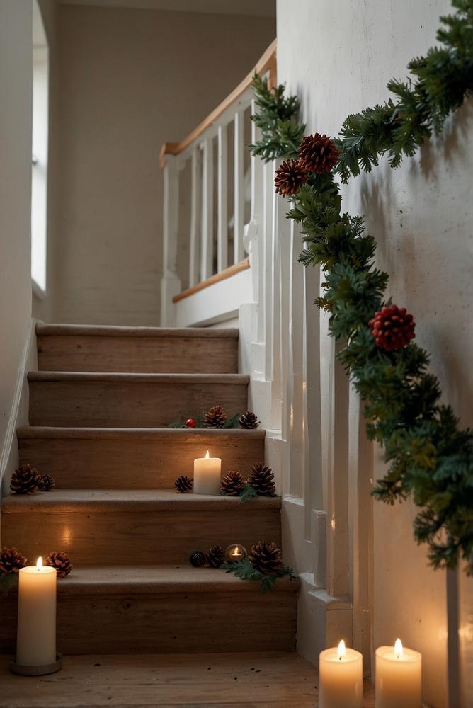 Helle Adventsdeko auf Treppenstufen im kleinen Flur