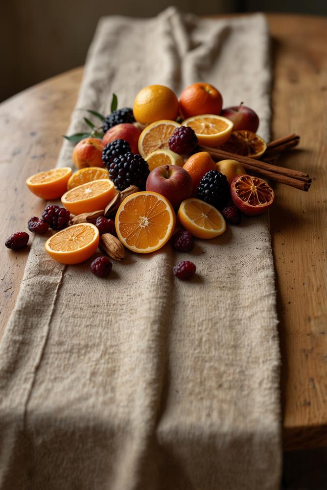 Adventsdeko Tisch mit Trockenfrüchten Nelken und Leinenband hell