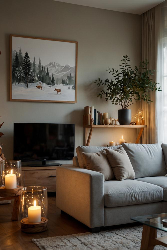 Helle Adventsdeko aus Glas und Holz an moderner TV-Wand