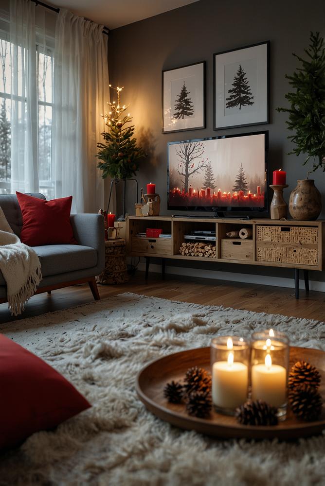 Helle Adventsdeko an der TV-Wand in kleinem Raum