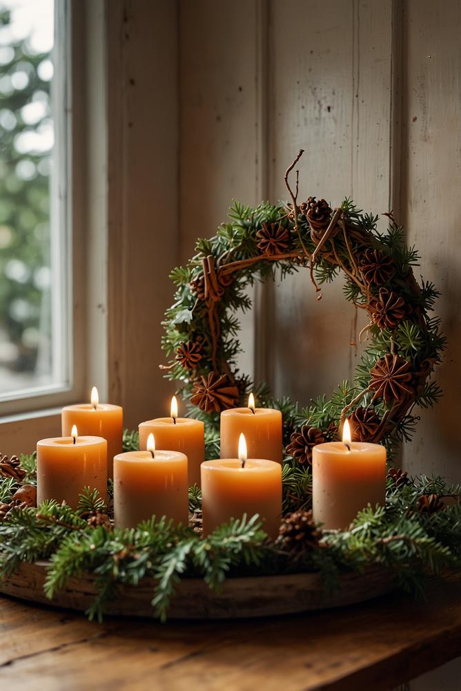 Adventskranz auf Fensterbank mit getrockneten Orangen im Vintage-Look