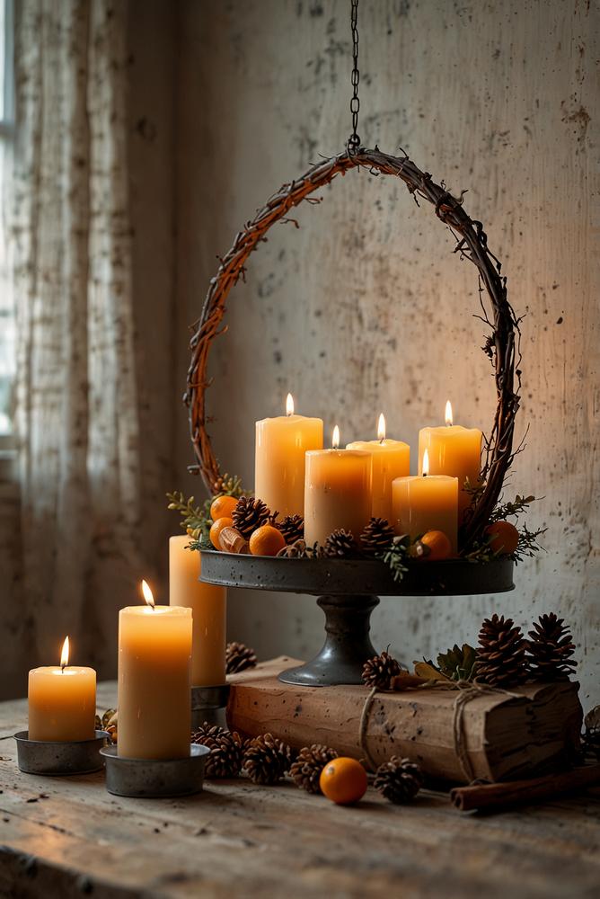 Hängender Adventskranz im Metallrahmen mit Vintage-Deko