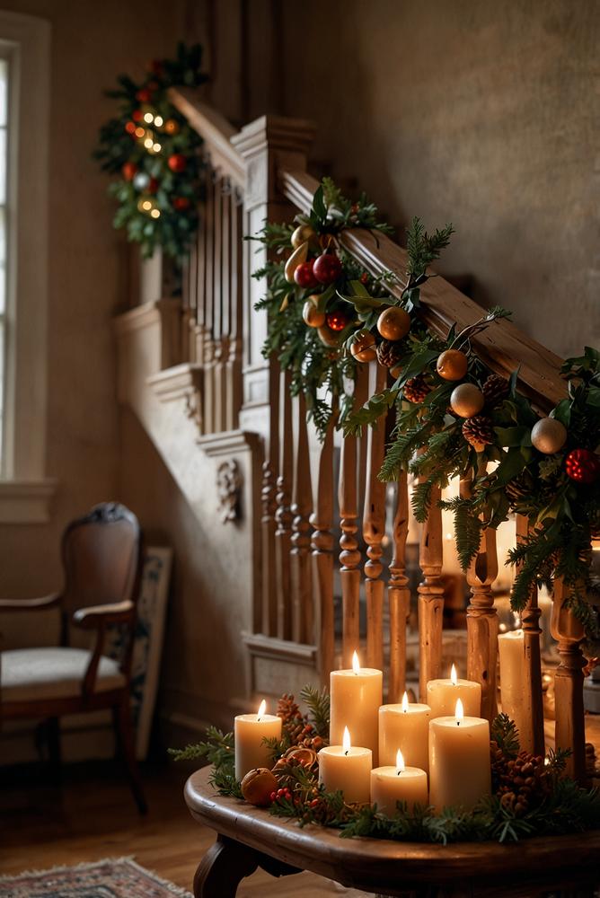 Adventskranz auf Treppenstufen dekoriert im Vintage-Stil