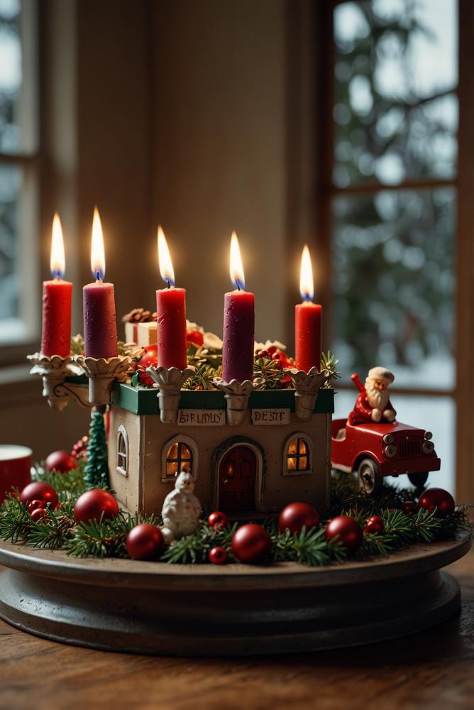 Adventskranz mit nostalgischem Blechspielzeug im Vintage-Stil