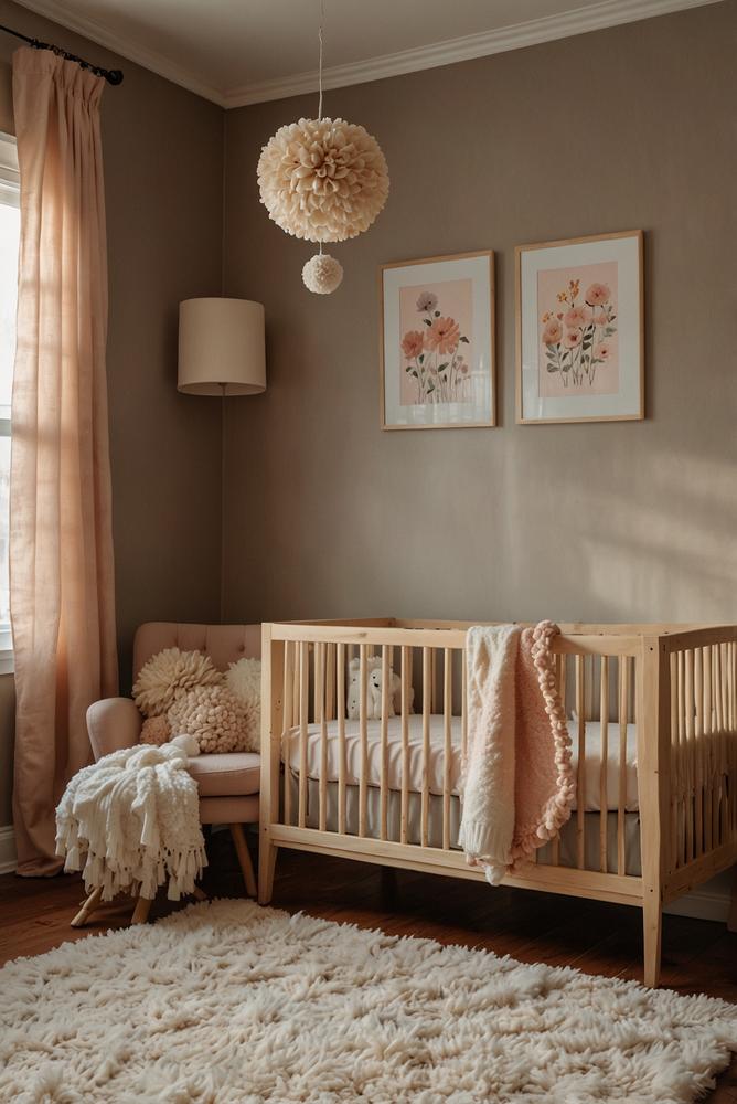 Baby-Mobile mit weichen Pom-Poms im hellen Kinderzimmer