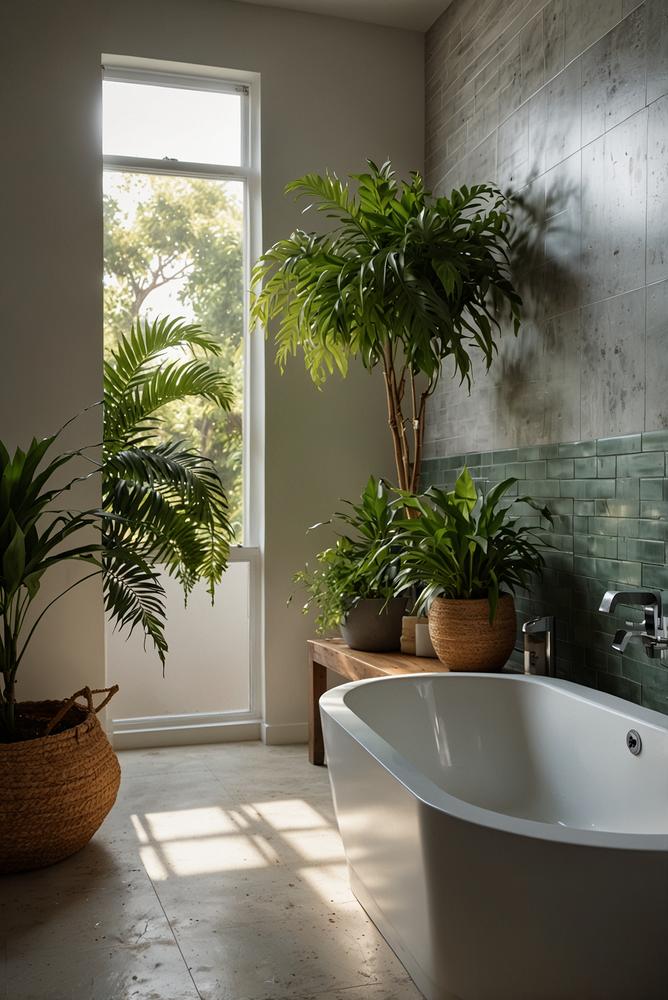 Helles Badezimmer mit üppigen tropischen Pflanzen und Sonnenlicht