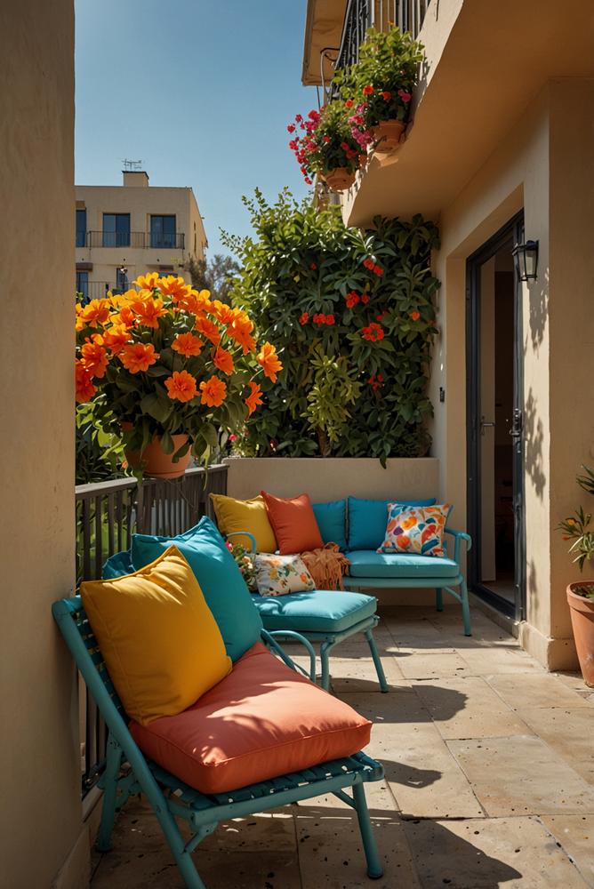 Balkon mit bunten Kissen und farbigen Pflanztöpfen