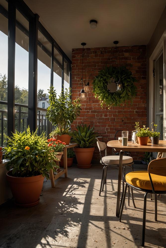 Balkon-Essplatz mit klappbarem Tisch und Pflanzen im Sonnenschein