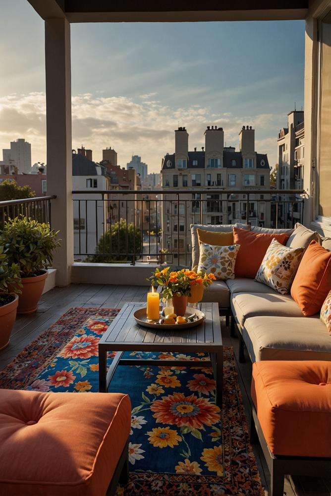 Balkon-Lounge mit Teppich und wetterfesten Kissen
