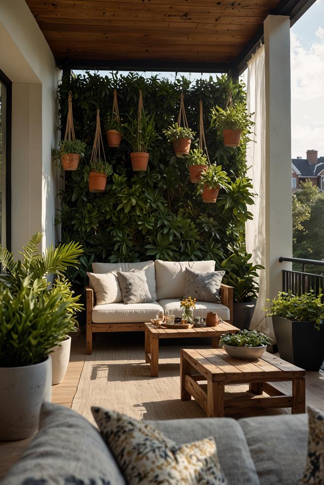 Moderner Balkon mit Loungesofa und Pflanzen hell und einladend