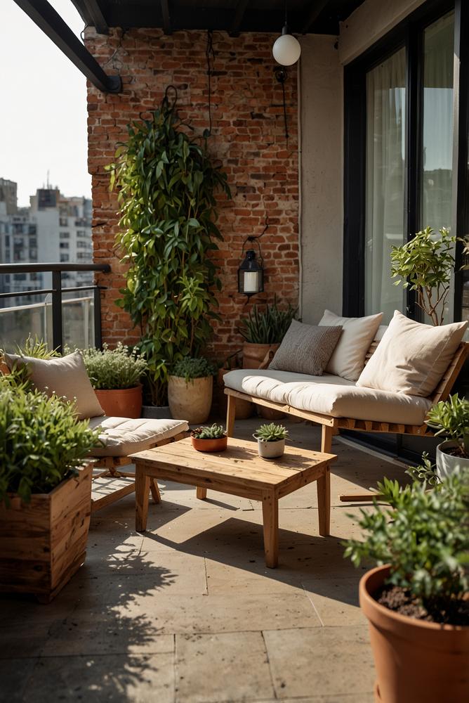 Helles urbanes Balkon Outdoor-Wohnzimmer mit Pflanzen und Licht