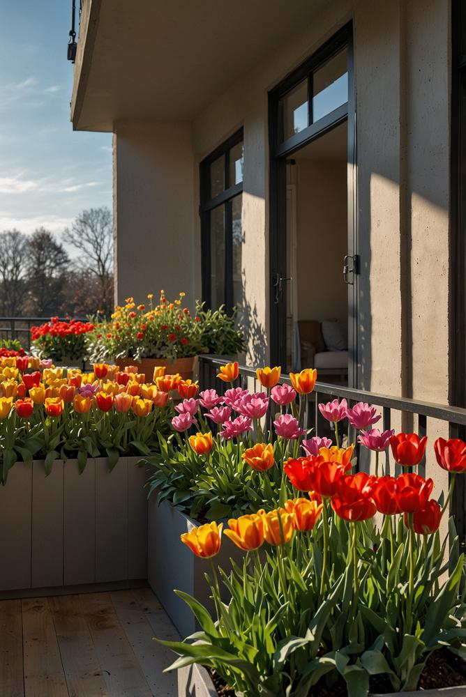 Heller Balkon mit saisonalen Pflanzen von Frühling bis Winter