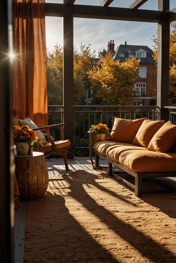 Gemütlicher Balkon im Herbst mit Outdoor-Kissen
