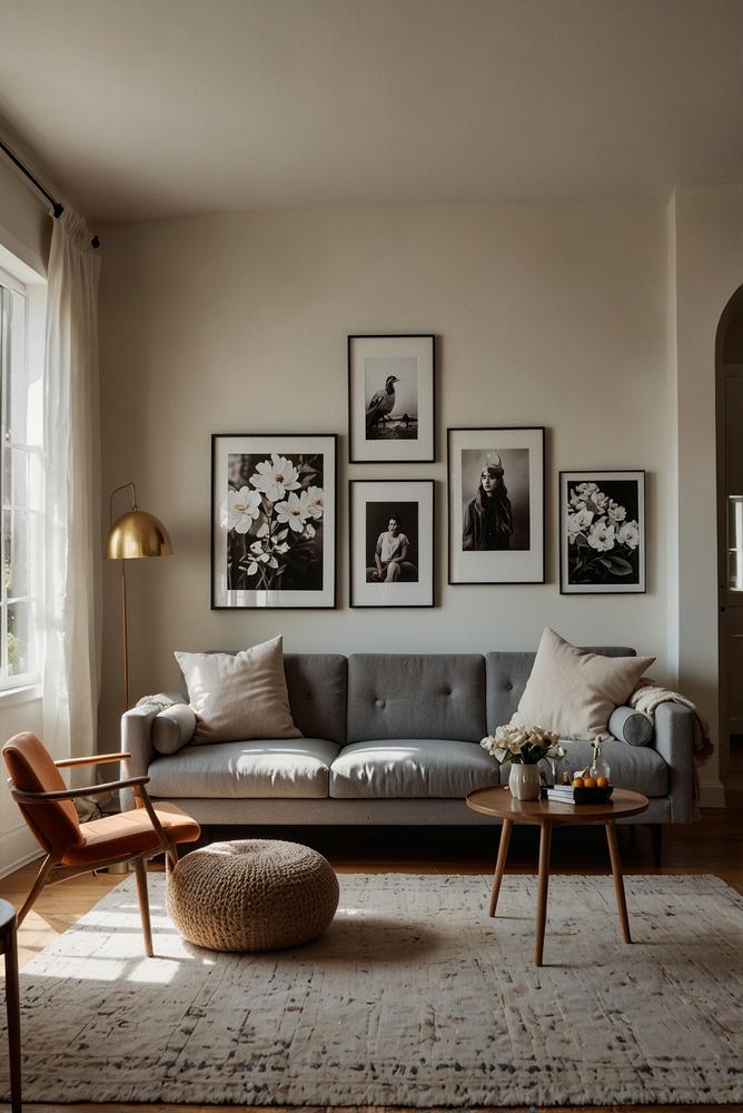 Helle Bilderrahmen-Galerie an der Wand mit persönlichem Charme