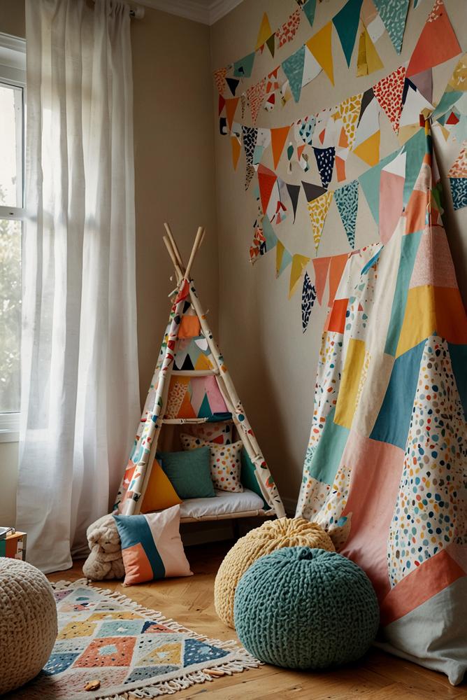 Bunte Wimpelgirlande im Kinderzimmer, hell und freundlich