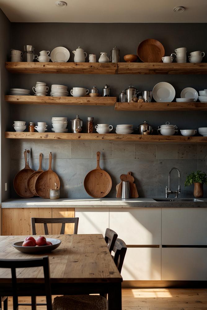 Helle Küche mit modernen Hängeregalen ueber der Arbeitsflaeche